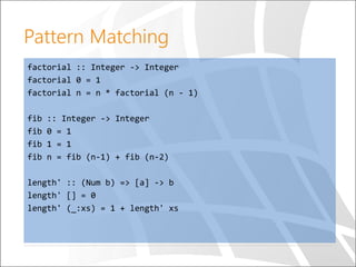 Pattern Matching
factorial :: Integer -> Integer
factorial 0 = 1
factorial n = n * factorial (n - 1)
fib :: Integer -> Integer
fib 0 = 1
fib 1 = 1
fib n = fib (n-1) + fib (n-2)
length' :: (Num b) => [a] -> b
length' [] = 0
length' (_:xs) = 1 + length' xs
 