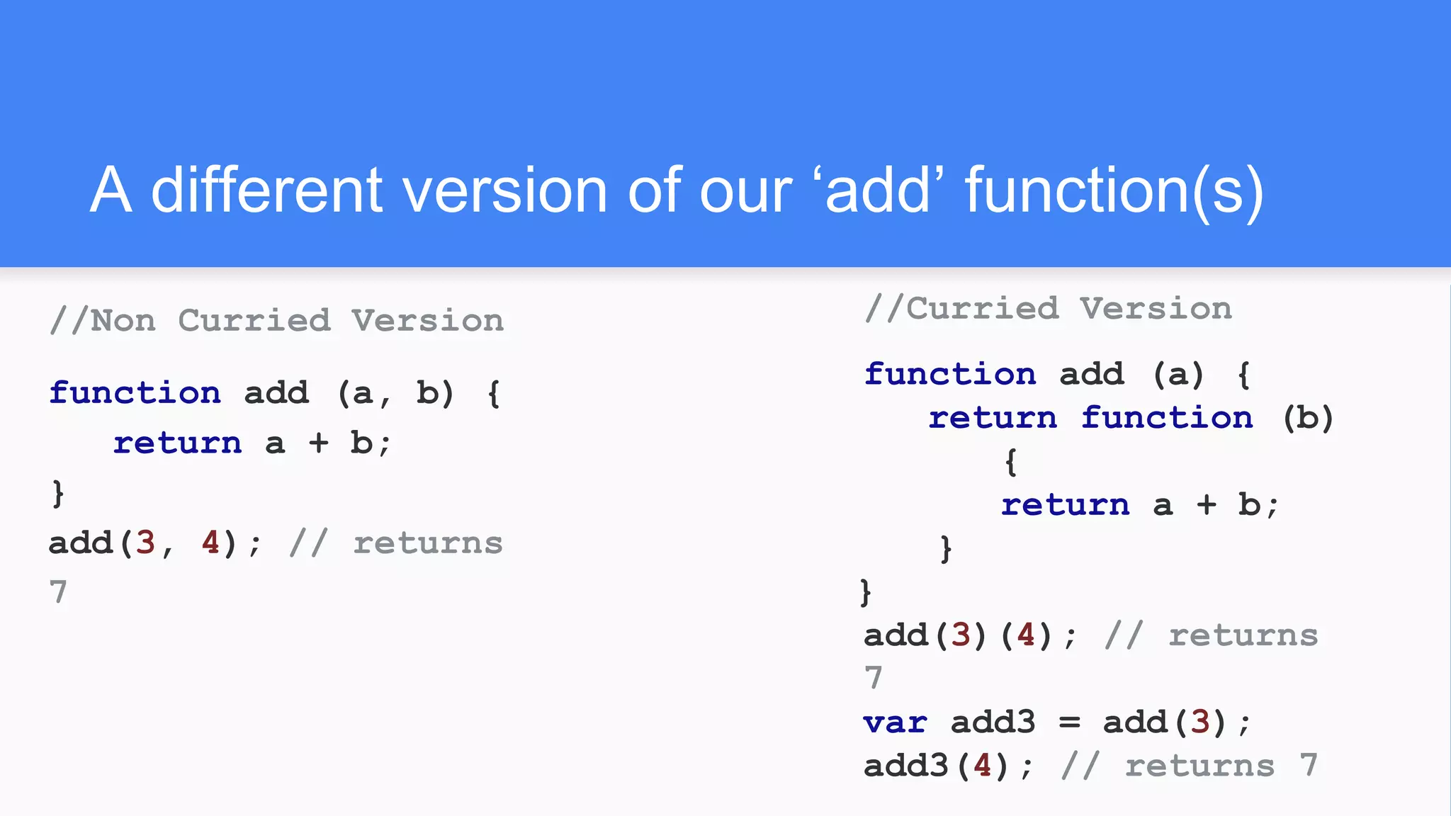 A different version of our ‘add’ function(s)
//Non Curried Version
function add (a, b) {
return a + b;
}
add(3, 4); // returns
7
//Curried Version
function add (a) {
return function (b)
{
return a + b;
}
}
add(3)(4); // returns
7
var add3 = add(3);
add3(4); // returns 7
 
