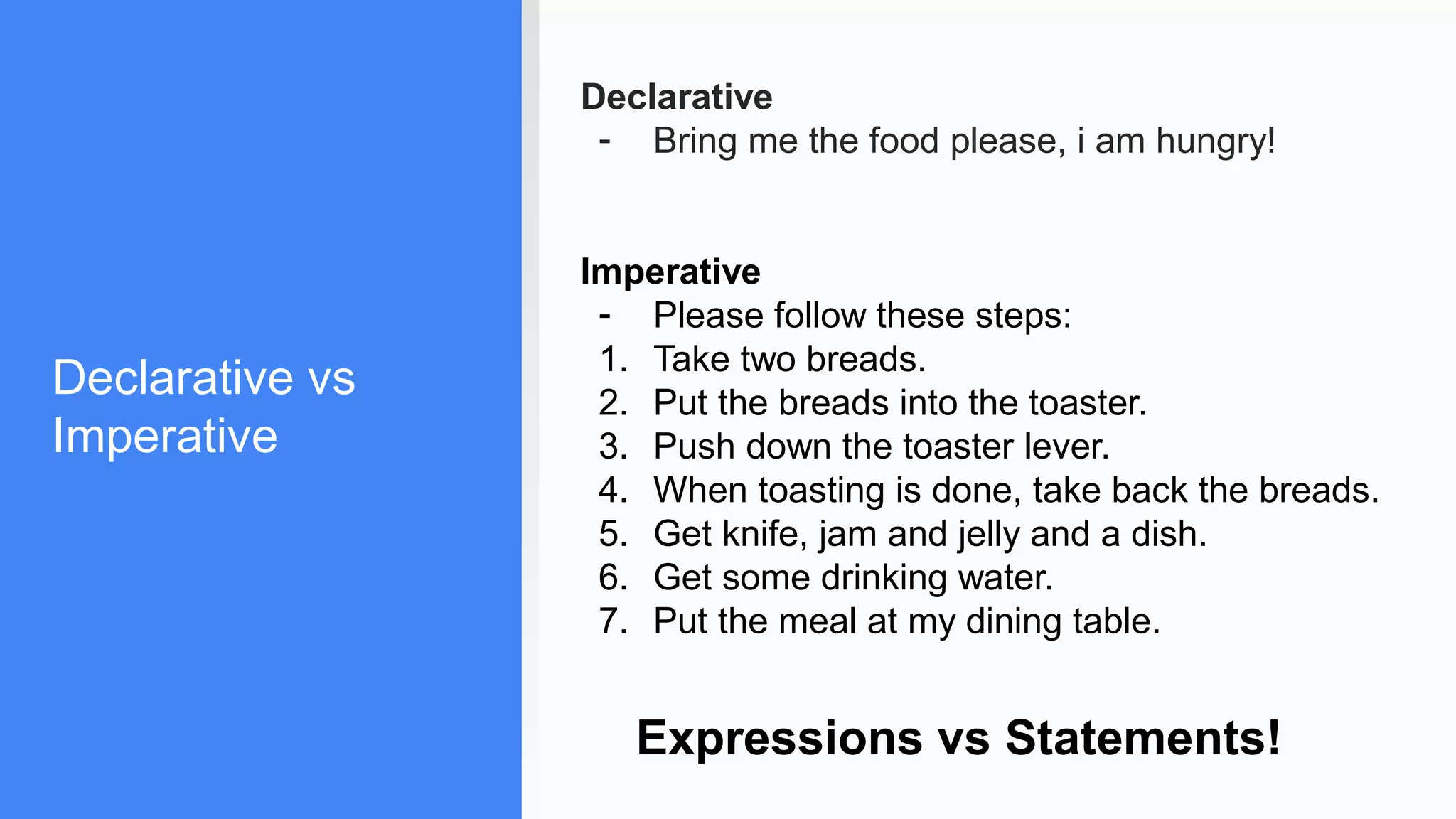 Declarative vs
Imperative
Declarative
- Bring me the food please, i am hungry!
Imperative
- Please follow these steps:
1. Take two breads.
2. Put the breads into the toaster.
3. Push down the toaster lever.
4. When toasting is done, take back the breads.
5. Get knife, jam and jelly and a dish.
6. Get some drinking water.
7. Put the meal at my dining table.
Expressions vs Statements!
 