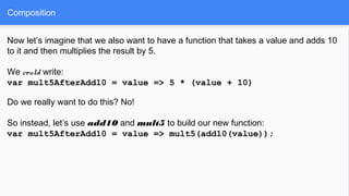 Now let’s imagine that we also want to have a function that takes a value and adds 10
to it and then multiplies the result by 5.
We could write:
var mult5AfterAdd10 = value => 5 * (value + 10)
Do we really want to do this? No!
So instead, let’s use add10 and mult5 to build our new function:
var mult5AfterAdd10 = value => mult5(add10(value));
Composition
 