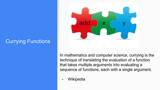 Currying Functions
In mathematics and computer science, currying is the
technique of translating the evaluation of a function
that takes multiple arguments into evaluating a
sequence of functions, each with a single argument.
- Wikipedia
 