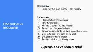 Declarative vs
Imperative
Declarative
- Bring me the food please, i am hungry!
Imperative
- Please follow these steps:
1. Take two breads.
2. Put the breads into the toaster.
3. Push down the toaster lever.
4. When toasting is done, take back the breads.
5. Get knife, jam and jelly and a dish.
6. Get some drinking water.
7. Put the meal at my dining table.
Expressions vs Statements!
 