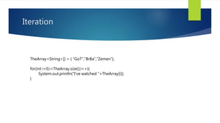 Iteration
TheArray<String>[] = { “GoT”,”BrBa”,”Zemen”};
for(int i=0;i<TheArray.size();i++){
System.out.println(“I’ve watched ”+TheArray[i]);
}
 