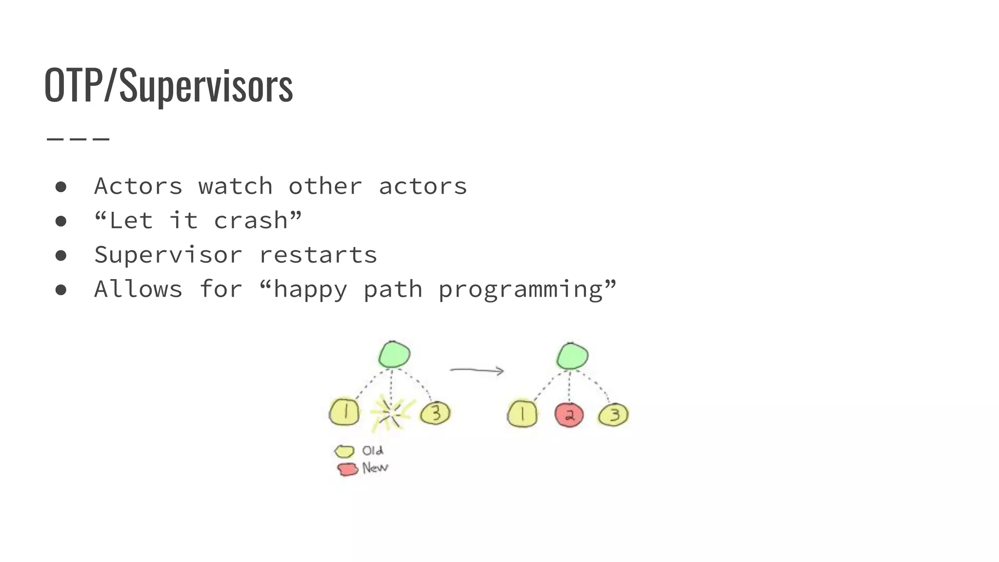 OTP/Supervisors
● Actors watch other actors
● “Let it crash”
● Supervisor restarts
● Allows for “happy path programming”
 