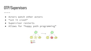 OTP/Supervisors
● Actors watch other actors
● “Let it crash”
● Supervisor restarts
● Allows for “happy path programming”
 
