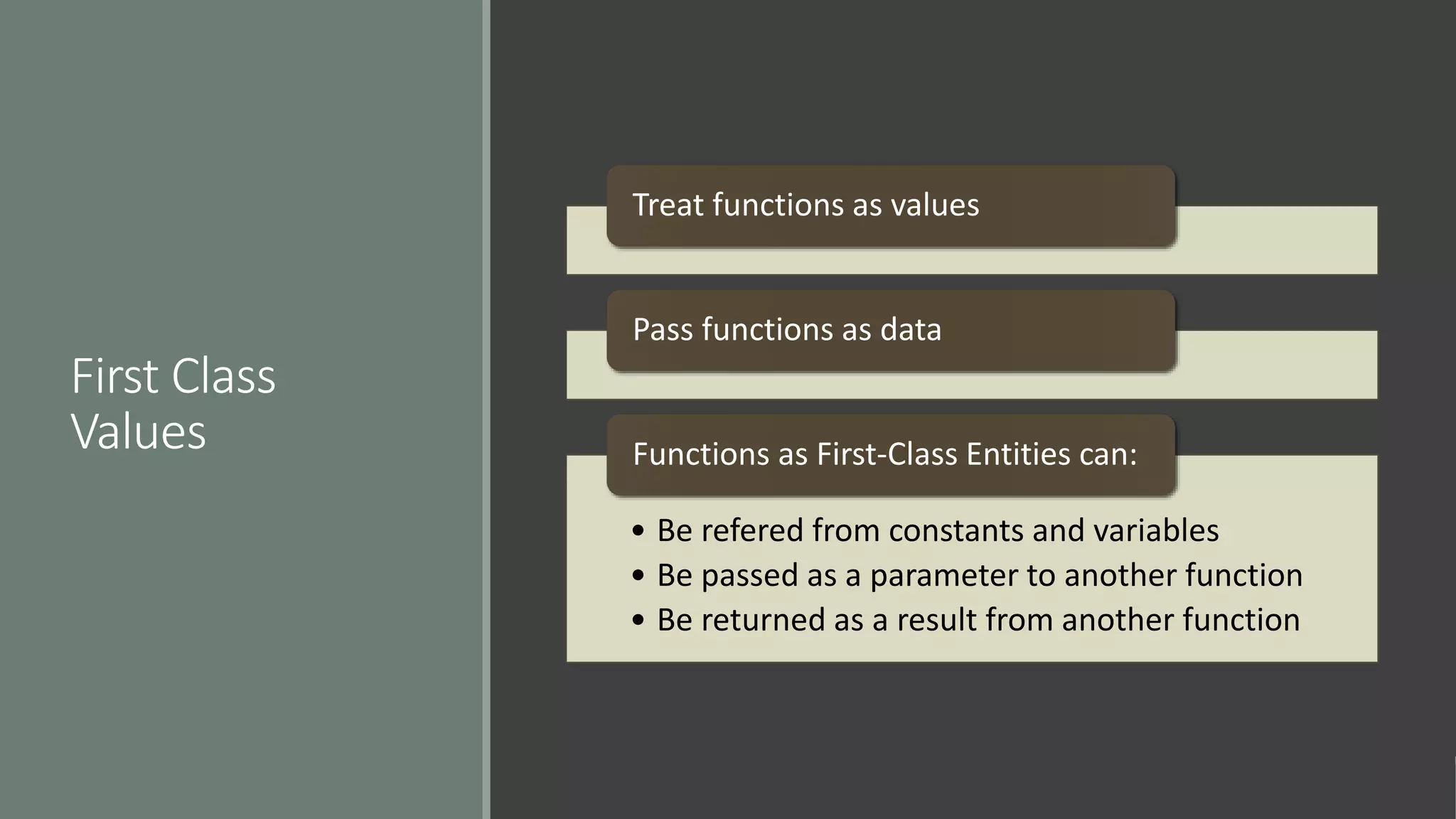 First Class
Values
Treat functions as values
Pass functions as data
• Be refered from constants and variables
• Be passed as a parameter to another function
• Be returned as a result from another function
Functions as First-Class Entities can:
 