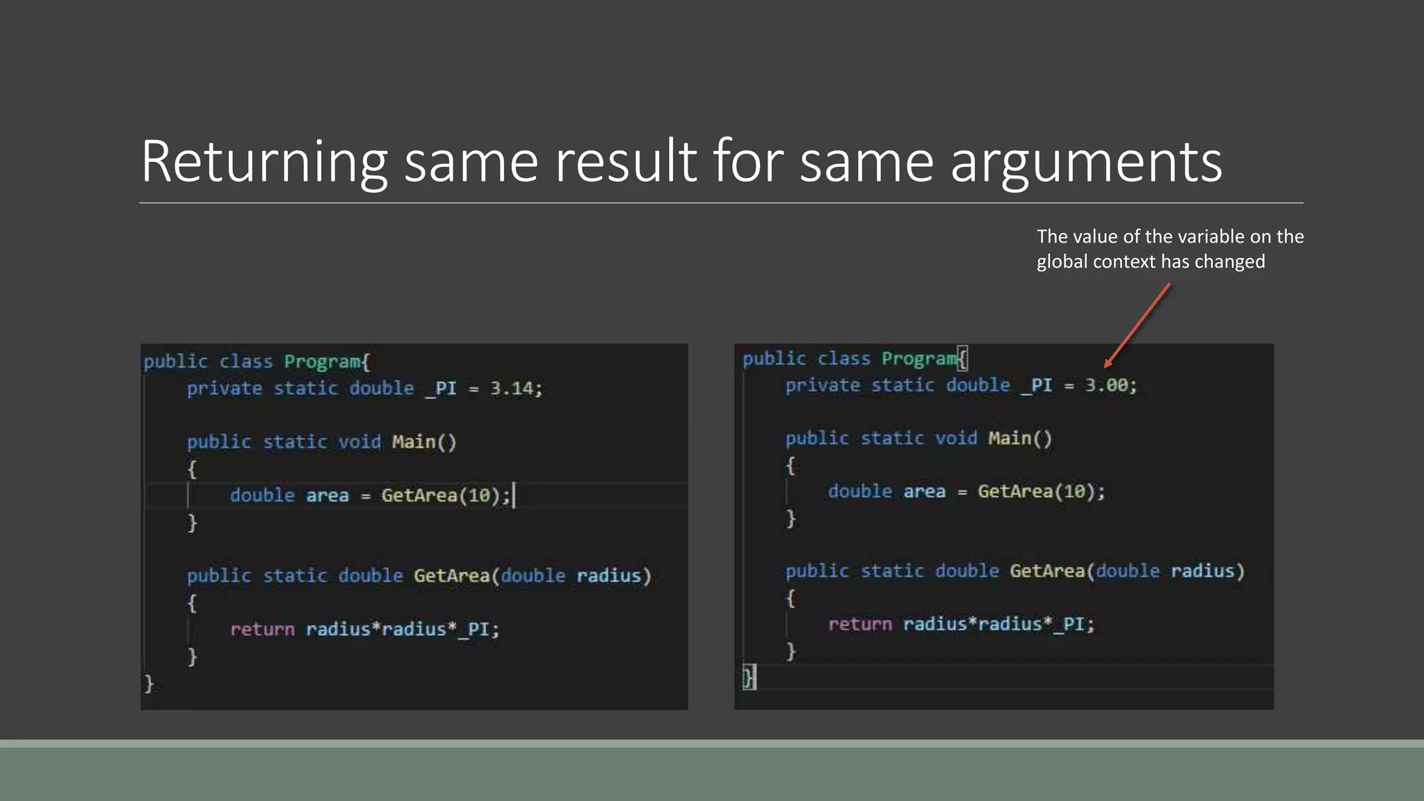Returning same result for same arguments
The value of the variable on the
global context has changed
 