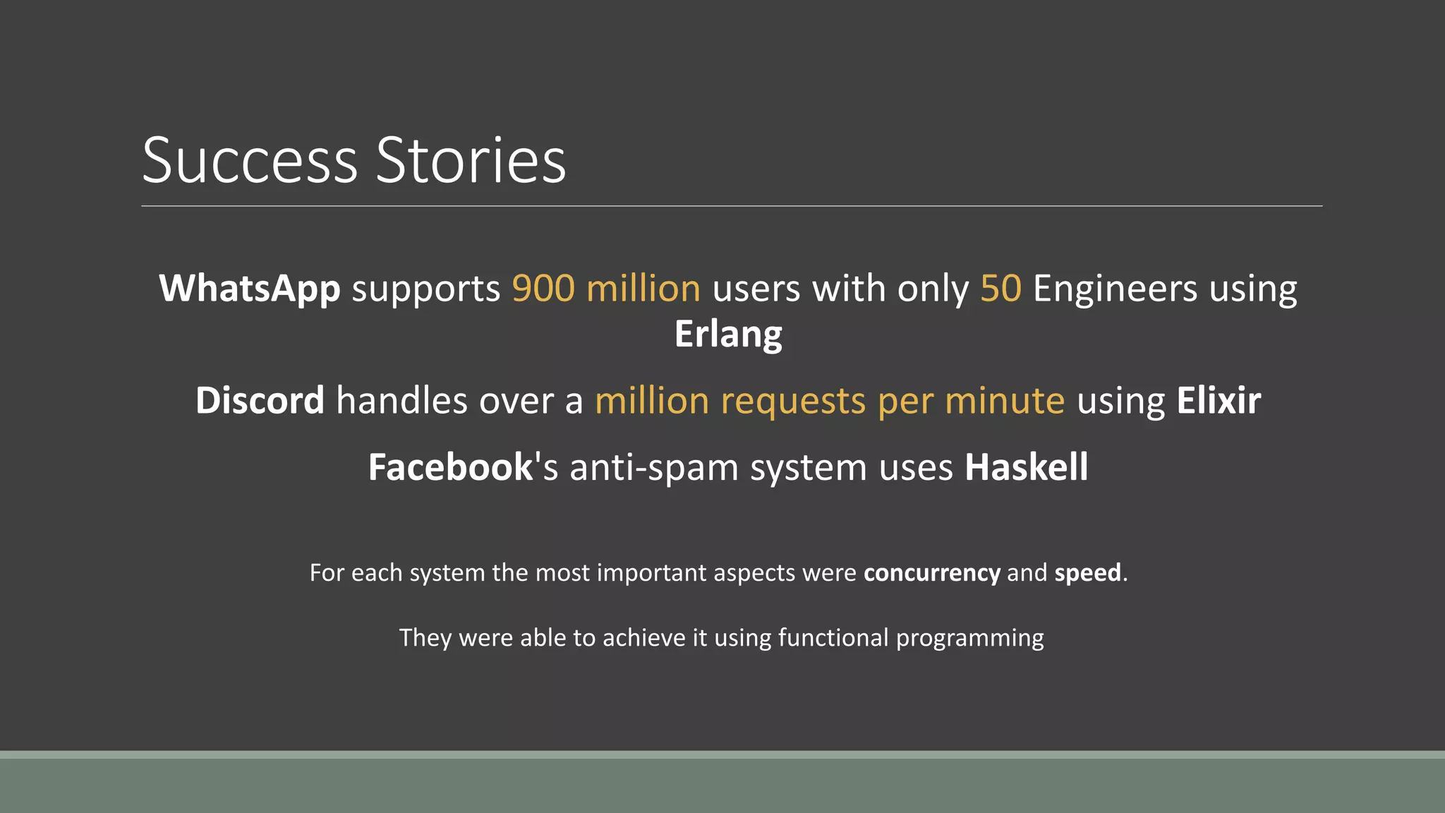 Success Stories
WhatsApp supports 900 million users with only 50 Engineers using
Erlang
Discord handles over a million requests per minute using Elixir
Facebook's anti-spam system uses Haskell
For each system the most important aspects were concurrency and speed.
They were able to achieve it using functional programming
 