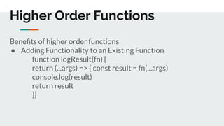 Beneﬁts of higher order functions
● Adding Functionality to an Existing Function
function logResult(fn) {
return (...args) => { const result = fn(...args)
console.log(result)
return result
}}
Higher Order Functions
 
