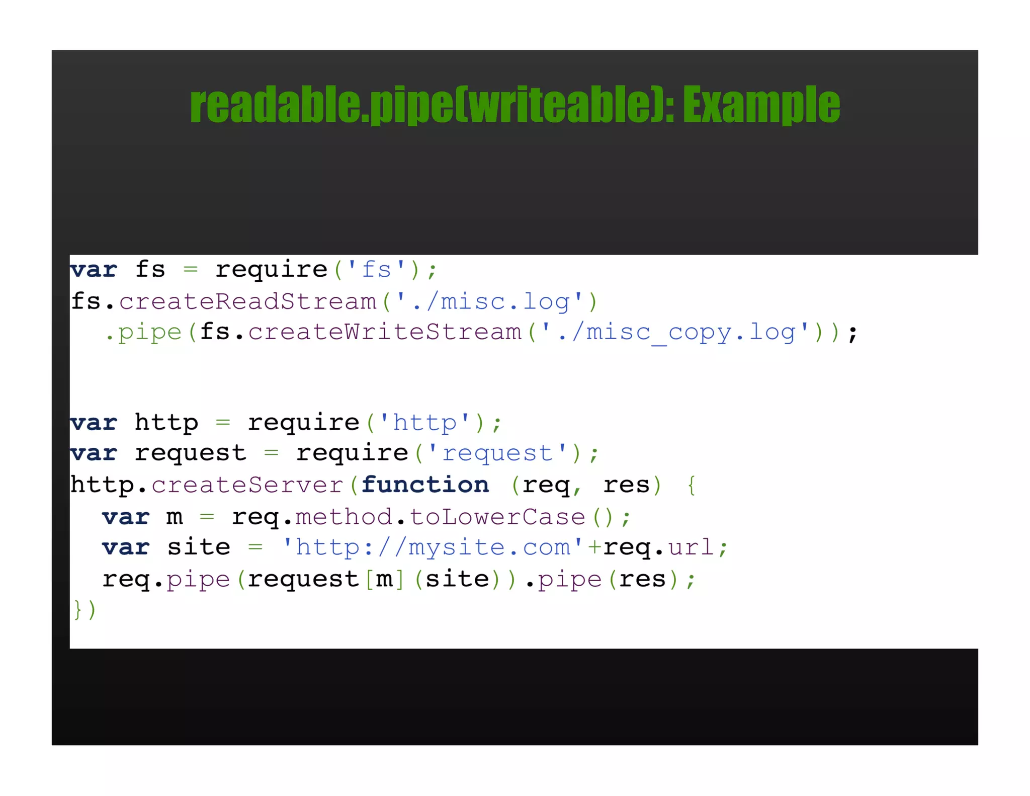 readable.pipe(writeable): Example
 