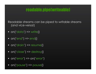 readable.pipe(writeable)

Readable streams can be piped to writable streams
  (and vice-versa!)

  on(‘data’) => write()

  on(‘end’) => end()

  on(‘drain’) => resume()

  on(‘close’) => destroy()

  on(‘error’) => on(‘error’)

  on(‘pause’) => pause()
 