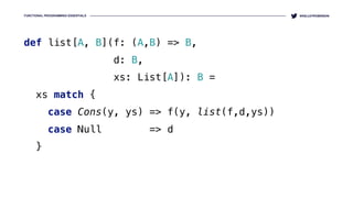 FUNCTIONAL PROGRAMMING ESSENTIALS @KELLEYROBINSON
def list[A, B](f: (A,B) => B,
d: B,
xs: List[A]): B = 
xs match { 
case Cons(y, ys) => f(y, list(f,d,ys)) 
case Null => d 
}
 