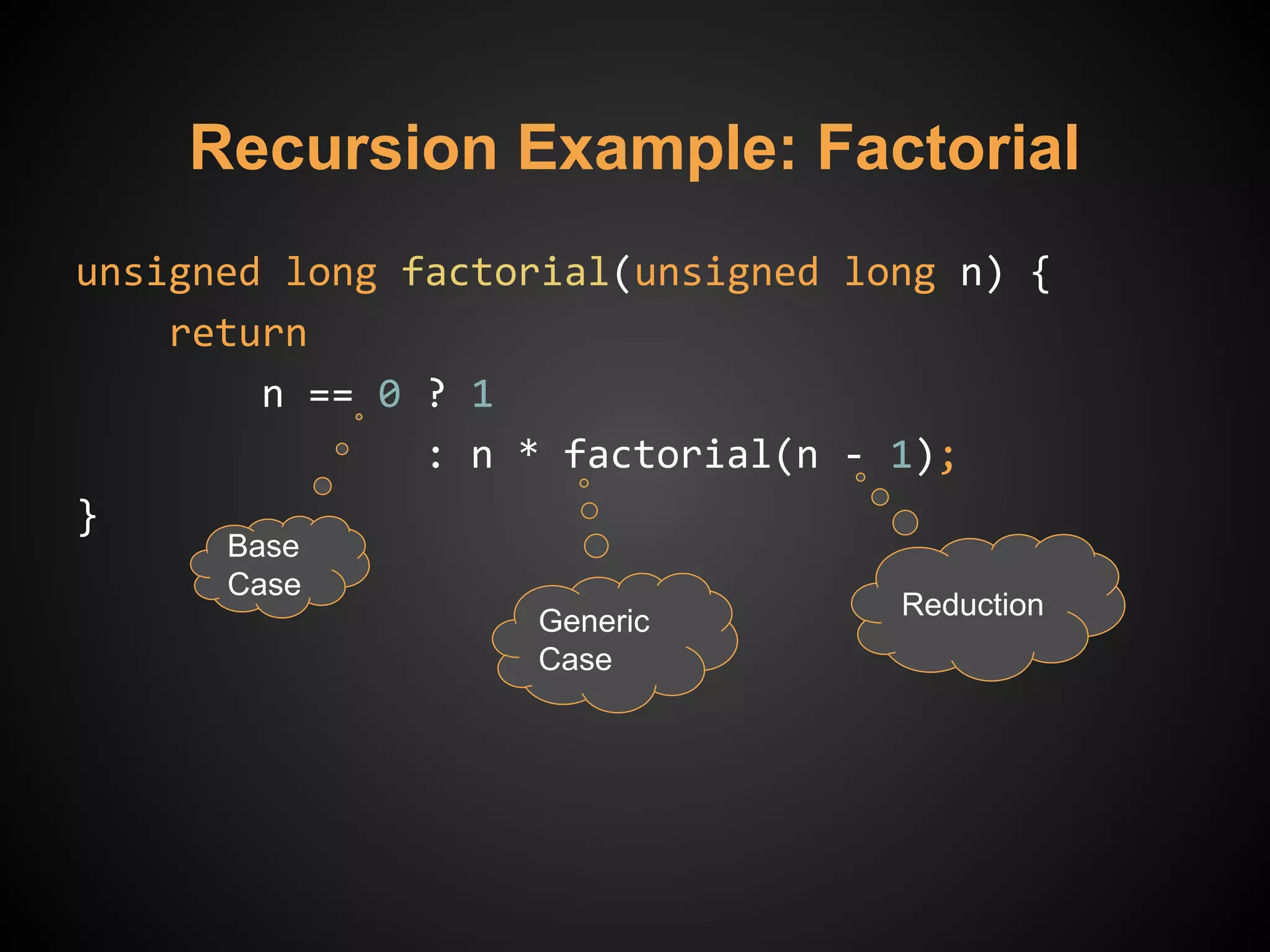 Recursion Example: Factorial
unsigned long factorial(unsigned long n) {
return
n == 0 ? 1
: n * factorial(n - 1);
}
Base
Case
Generic
Case
Reduction
 
