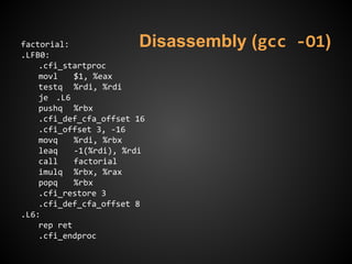 Disassembly (gcc -O1)factorial:
.LFB0:
.cfi_startproc
movl $1, %eax
testq %rdi, %rdi
je .L6
pushq %rbx
.cfi_def_cfa_offset 16
.cfi_offset 3, -16
movq %rdi, %rbx
leaq -1(%rdi), %rdi
call factorial
imulq %rbx, %rax
popq %rbx
.cfi_restore 3
.cfi_def_cfa_offset 8
.L6:
rep ret
.cfi_endproc
 