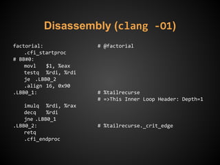 Disassembly (clang -O1)
factorial: # @factorial
.cfi_startproc
# BB#0:
movl $1, %eax
testq %rdi, %rdi
je .LBB0_2
.align 16, 0x90
.LBB0_1: # %tailrecurse
# =>This Inner Loop Header: Depth=1
imulq %rdi, %rax
decq %rdi
jne .LBB0_1
.LBB0_2: # %tailrecurse._crit_edge
retq
.cfi_endproc
 