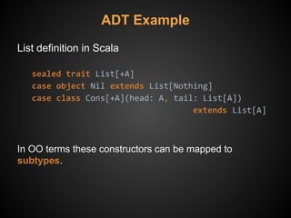 ADT Example
List definition in Scala
sealed trait List[+A]
case object Nil extends List[Nothing]
case class Cons[+A](head: A, tail: List[A])
extends List[A]
In OO terms these constructors can be mapped to
subtypes.
 