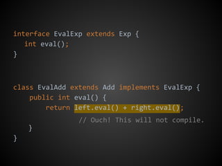 interface EvalExp extends Exp {
int eval();
}
class EvalAdd extends Add implements EvalExp {
public int eval() {
return left.eval() + right.eval();
}
}
// Ouch! This will not compile.
 