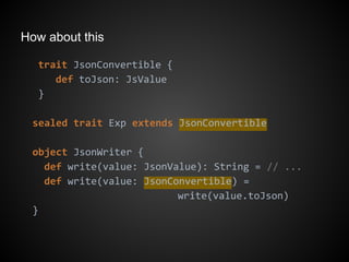 How about this
trait JsonConvertible {
def toJson: JsValue
}
sealed trait Exp extends JsonConvertible
object JsonWriter {
def write(value: JsonValue): String = // ...
def write(value: JsonConvertible) =
write(value.toJson)
}
 