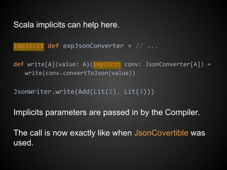 Scala implicits can help here.
implicit def expJsonConverter = // ...
def write[A](value: A)(implicit conv: JsonConverter[A]) =
write(conv.convertToJson(value))
JsonWriter.write(Add(Lit(2), Lit(3)))
Implicits parameters are passed in by the Compiler.
The call is now exactly like when JsonCovertible was
used.
 