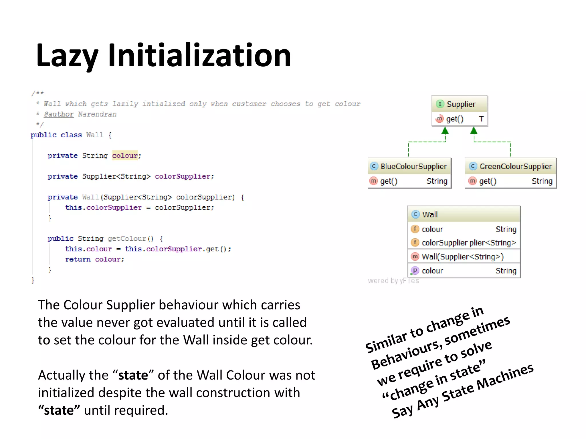 Lazy Initialization
The Colour Supplier behaviour which carries
the value never got evaluated until it is called
to set the colour for the Wall inside get colour.
Actually the “state” of the Wall Colour was not
initialized despite the wall construction with
“state” until required.
 