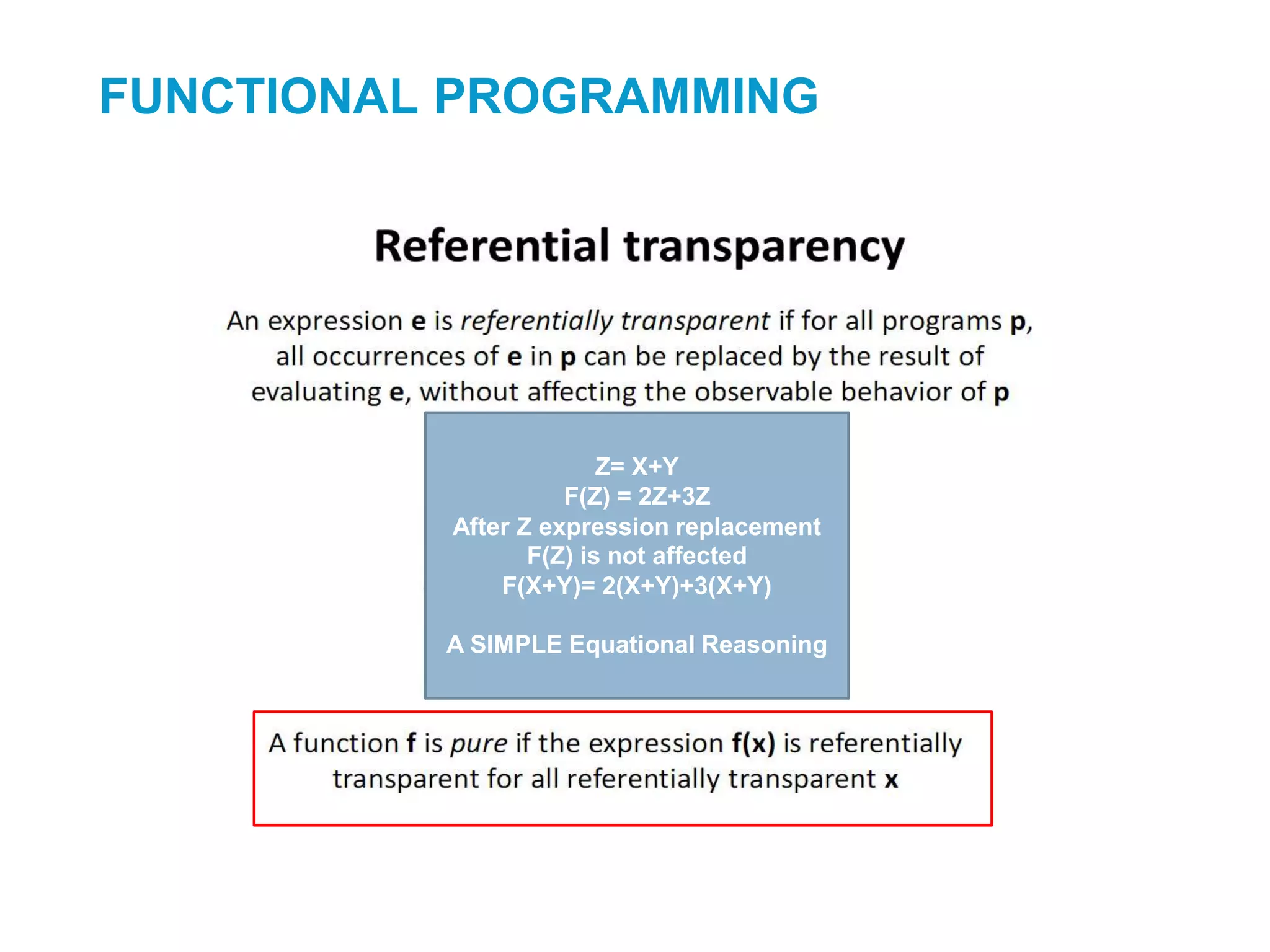 Z= X+Y
F(Z) = 2Z+3Z
After Z expression replacement
F(Z) is not affected
F(X+Y)= 2(X+Y)+3(X+Y)
A SIMPLE Equational Reasoning
FUNCTIONAL PROGRAMMING
 