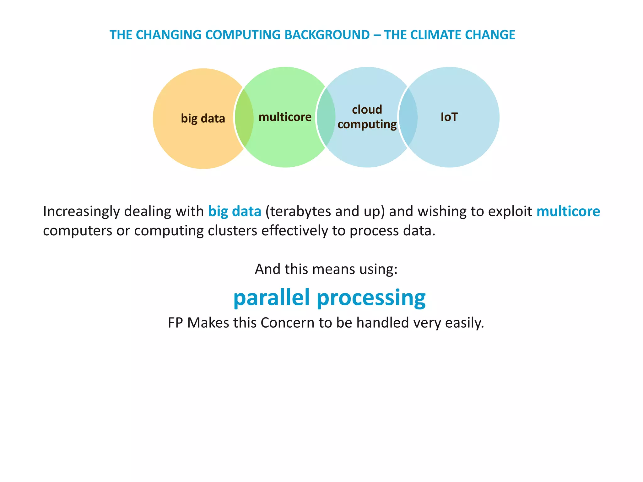 Increasingly dealing with big data (terabytes and up) and wishing to exploit multicore
computers or computing clusters effectively to process data.
And this means using:
parallel processing
FP Makes this Concern to be handled very easily.
big data multicore
cloud
computing
IoT
THE CHANGING COMPUTING BACKGROUND – THE CLIMATE CHANGE
 