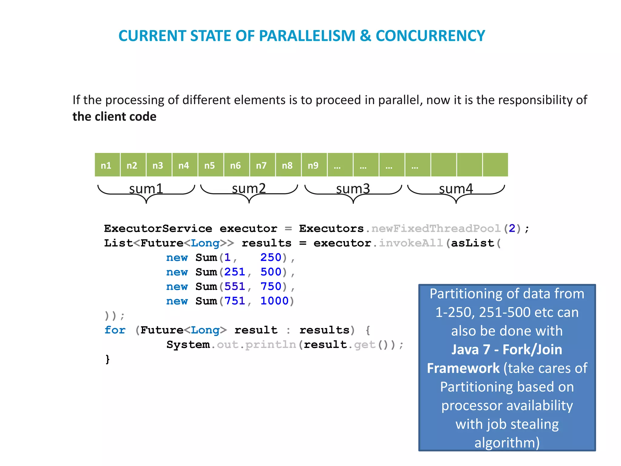 If the processing of different elements is to proceed in parallel, now it is the responsibility of
the client code
n1 n2 n3 n4 n5 n6 n7 n8 n9 … … … …
sum1 sum2 sum3 sum4
ExecutorService executor = Executors.newFixedThreadPool(2);
List<Future<Long>> results = executor.invokeAll(asList(
new Sum(1, 250),
new Sum(251, 500),
new Sum(551, 750),
new Sum(751, 1000)
));
for (Future<Long> result : results) {
System.out.println(result.get());
}
Partitioning of data from
1-250, 251-500 etc can
also be done with
Java 7 - Fork/Join
Framework (take cares of
Partitioning based on
processor availability
with job stealing
algorithm)
CURRENT STATE OF PARALLELISM & CONCURRENCY
 