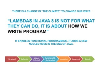 THERE IS A CHANGE IN “THE CLIMATE” TO CHANGE OUR WAYS
“LAMBDAS IN JAVA 8 IS NOT FOR WHAT
THEY CAN DO, IT IS ABOUT HOW WE
WRITE PROGRAM”
IT ENABLES FUNCTIONAL PROGRAMMING, IT ADDS A NEW
NUCLEOTIDES IN THE DNA OF JAVA.
Structural Reflective
Object
Oriented
Functional &
Declarative
Imperative Concurrent Generic
 