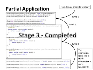 Partial Application
Jump 2
Jump 3
This
expression
looks like a
math
expression, a
pure
function!!!
From Simple Utility to Strategy
Jump 1
 