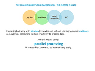 Increasingly dealing with big data (terabytes and up) and wishing to exploit multicore
computers or computing clusters effectively to process data.
And this means using:
parallel processing
FP Makes this Concern to be handled very easily.
big data multicore
cloud
computing
IoT
THE CHANGING COMPUTING BACKGROUND – THE CLIMATE CHANGE
 