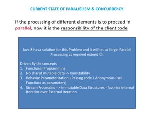 If the processing of different elements is to proceed in
parallel, now it is the responsibility of the client code
Java 8 has a solution for this Problem and it will let us forget Parallel
Processing at required extend .
Driven By the concepts
1. Functional Programming
2. No shared mutable data -> Immutability
3. Behavior Parameterization (Passing code / Anonymous Pure
Functions as parameters).
4. Stream Processing - > Immutable Data Structures - favoring Internal
Iteration over External Iteration.
CURRENT STATE OF PARALLELISM & CONCURRENCY
 