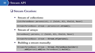 Stream API10
 Stream Creation:
 Stream of collections:
List<PersonBase> personsList; // {Saleh, Ali, Khalid, Naser}
Stream<PersonBase> stream = personsList.stream();
 Stream of arrays:
PersonBase[] persons; // {Saleh, Ali, Khalid, Naser}
Stream<PersonBase> stream = Stream.of(persons);
 Building a stream manually:
Stream<PersonBase> stream = Stream.<PersonBase>builder()
.add(person).add(new PersonBase()).build();
 