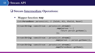Stream API13
 Stream Intermediate Operations:
 Mapper function: map
List<PersonBase> personsList; // {Saleh, Ali, Khalid, Naser}
Stream<String> namesStream = personsList.stream()
.map(person -> {
return person.getName();
});
Stream<String> namesStream = personsList.stream()
.map(person -> person.getName());
Stream<String> namesStream = personsList.stream()
.map(PersonBase::getName);
 