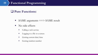 Functional Programming
 SAME arguments ==> SAME result
 No side effects
 Calling a web service
 Logging to a file or a screen
 Getting current date/time
 Getting random number
 Pure Functions:
19
 