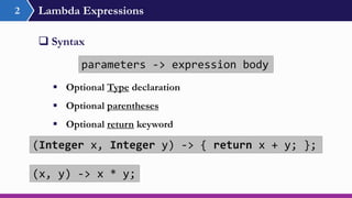 Lambda Expressions
 Syntax
parameters -> expression body
2
(Integer x, Integer y) -> { return x + y; };
(x, y) -> x * y;
 Optional Type declaration
 Optional parentheses
 Optional return keyword
 