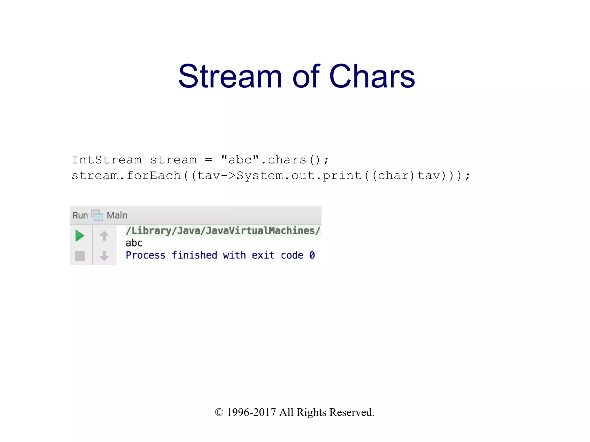 © 1996-2017 All Rights Reserved. Stream of Chars IntStream stream = "abc".chars(); stream.forEach((tav->System.out.print((char)tav))); 