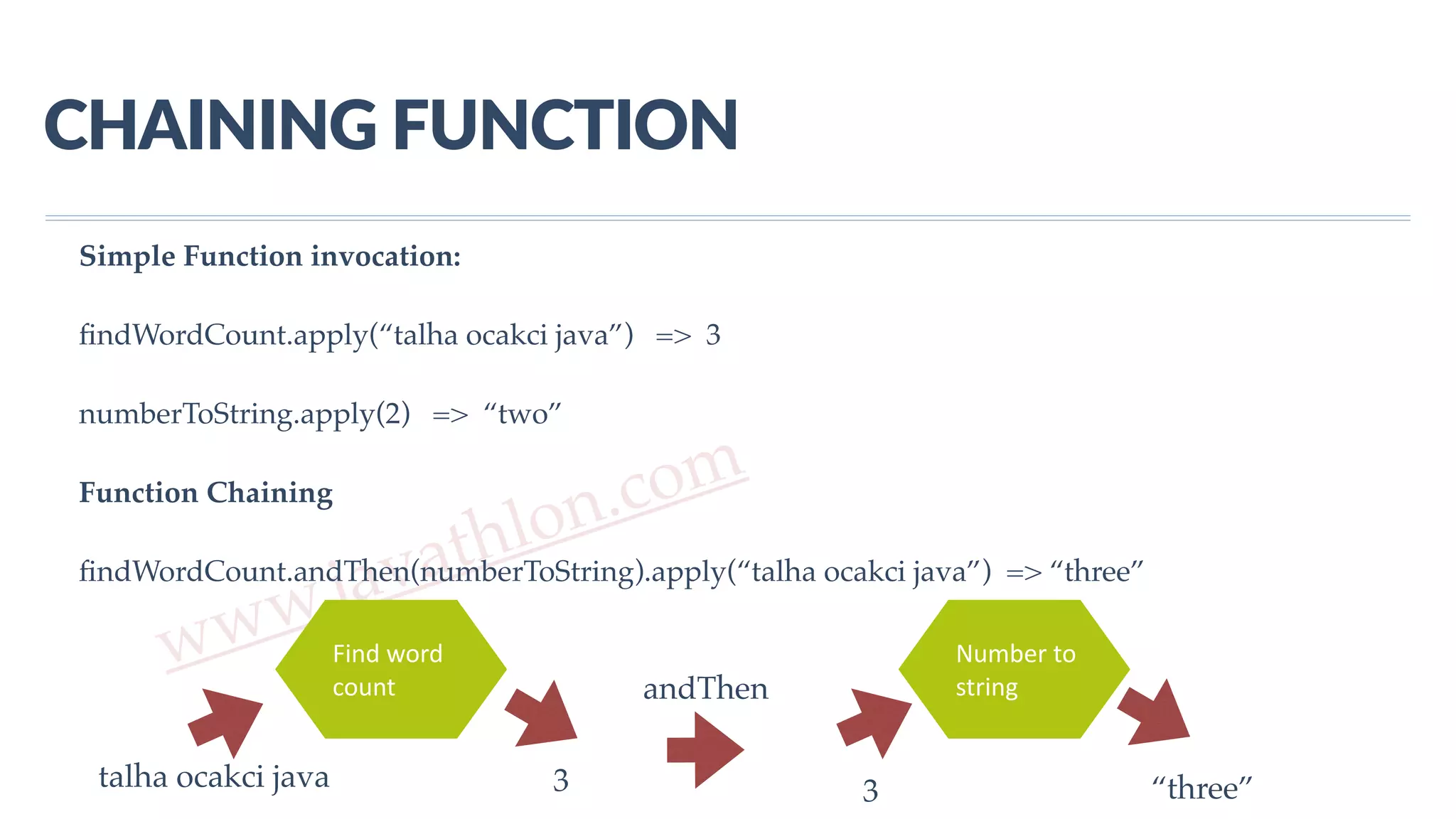 www.javathlon.com CHAINING  FUNCTION Simple Function invocation: ﬁndWordCount.apply(“talha ocakci java”) => 3 numberToString.apply(2) => “two” Function Chaining ﬁndWordCount.andThen(numberToString).apply(“talha ocakci java”) => “three” Find  word   count Number  to   string talha ocakci java 3 3 “three” andThen 