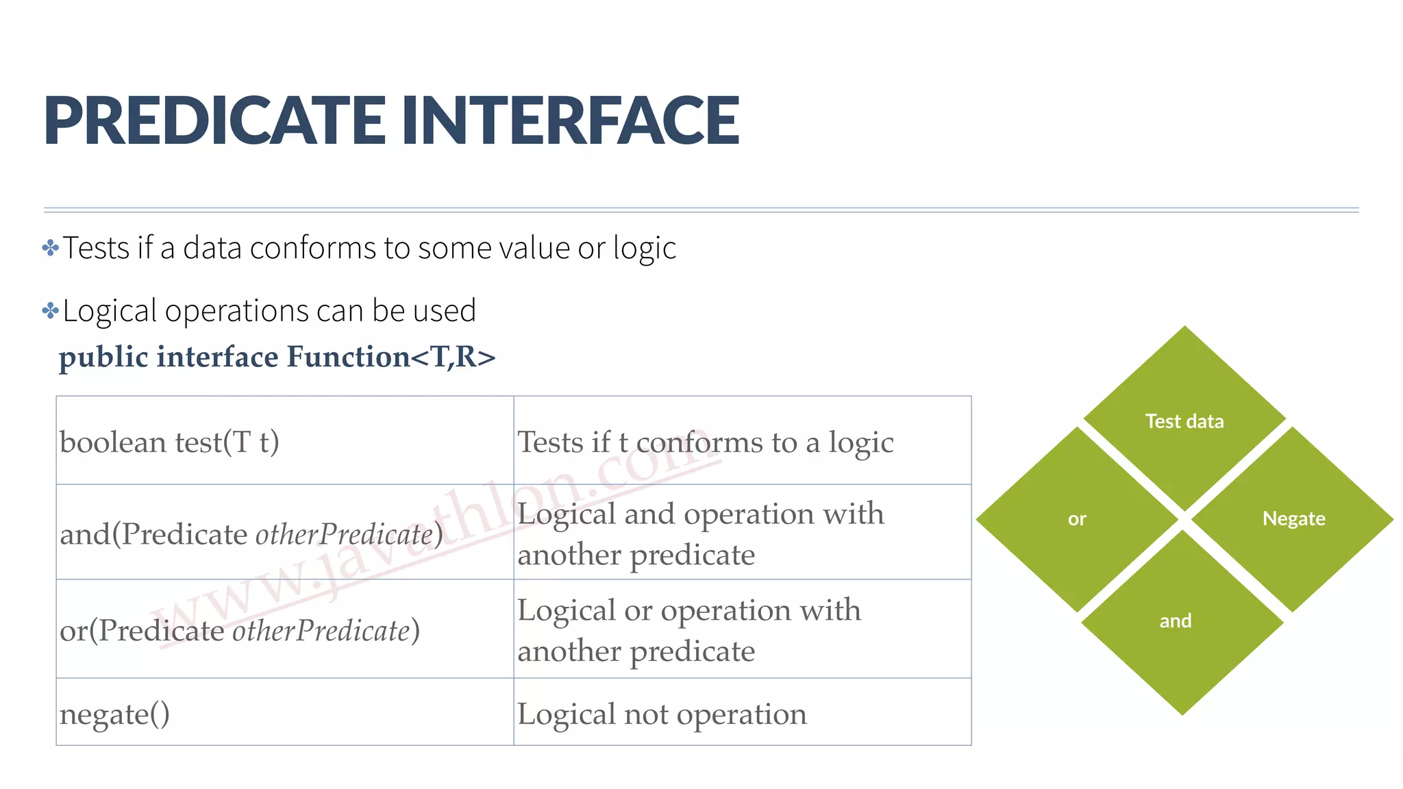 www.javathlon.com PREDICATE  INTERFACE ✤Tests if a data conforms to some value or logic ✤Logical operations can be used public interface Function<T,R> Layers   Tools  that  allow   Layers   Tools  that  allow  Test  data   or   Negate   and   boolean test(T t) Tests if t conforms to a logic and(Predicate otherPredicate) Logical and operation with another predicate or(Predicate otherPredicate) Logical or operation with another predicate negate() Logical not operation 