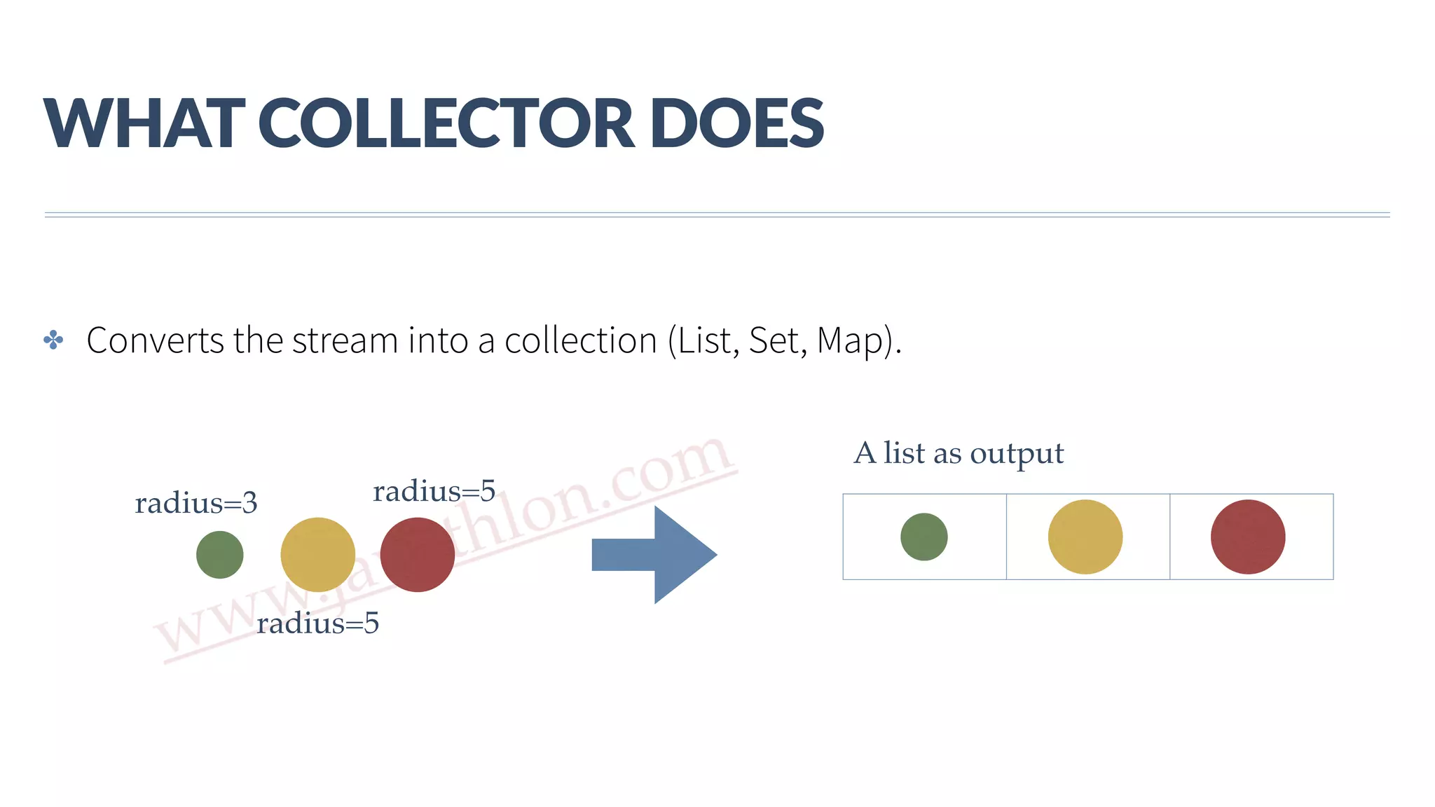 www.javathlon.com WHAT  COLLECTOR  DOES radius=3 radius=5 radius=5 ✤ Converts the stream into a collection (List, Set, Map). A list as output 