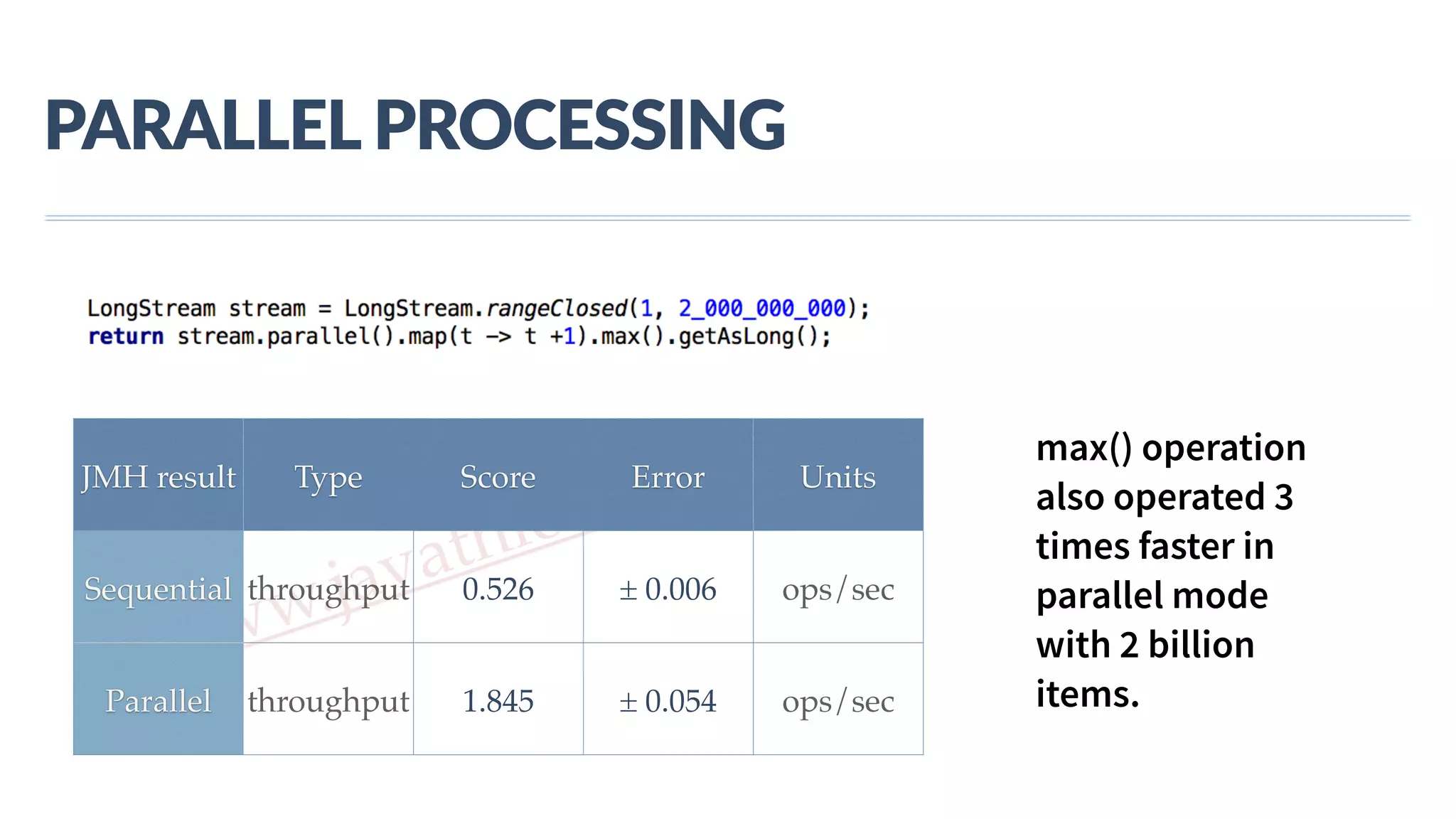 www.javathlon.com PARALLEL  PROCESSING JMH result Type Score Error Units Sequential throughput 0.526 ± 0.006 ops/sec Parallel throughput 1.845 ± 0.054 ops/sec max() operation also operated 3 times faster in parallel mode with 2 billion items. 