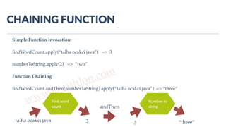 www.javathlon.com
CHAINING  FUNCTION
Simple Function invocation:
ﬁndWordCount.apply(“talha ocakci java”) => 3
numberToString.apply(2) => “two”
Function Chaining
ﬁndWordCount.andThen(numberToString).apply(“talha ocakci java”) => “three”
Find	
  word	
  
count
Number	
  to	
  
string
talha ocakci java 3 3 “three”
andThen
 