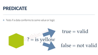 www.javathlon.com
PREDICATE
✤ Tests if a data conforms to some value or logic
? = is yellow
true = valid
false = not valid
 