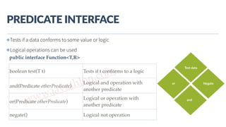 www.javathlon.com
PREDICATE  INTERFACE
✤Tests if a data conforms to some value or logic
✤Logical operations can be used
public interface Function<T,R>
Layers  
Tools  that  allow  
Layers  
Tools  that  allow  Test  data  
or   Negate  
and  
boolean test(T t) Tests if t conforms to a logic
and(Predicate otherPredicate)
Logical and operation with
another predicate
or(Predicate otherPredicate)
Logical or operation with
another predicate
negate() Logical not operation
 