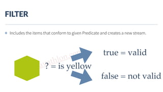 www.javathlon.com
FILTER
✤ Includes the items that conform to given Predicate and creates a new stream.
? = is yellow
true = valid
false = not valid
 