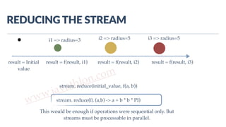 www.javathlon.com
REDUCING  THE  STREAM
i1 => radius=3 i2 => radius=5 i3 => radius=5
result = Initial
value
result = f(result, i1) result = f(result, i2) result = f(result, i3)
stream. reduce(initial_value, f(a, b))
stream. reduce(0, (a,b) -> a + b * b * PI)
This would be enough if operations were sequential only. But
streams must be processable in parallel.
 