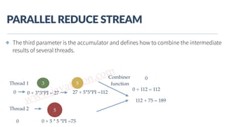 www.javathlon.com
PARALLEL  REDUCE  STREAM
✤ The third parameter is the accumulator and defines how to combine the intermediate
results of several threads.
5
53Thread 1
Thread 2
0 0 + 3*3*PI = 27 27 + 5*5*PI =112
0 0 + 5 * 5 *PI =75
0 + 112 = 112
112 + 75 = 189
Combiner
function
0
 