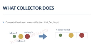 www.javathlon.com
WHAT  COLLECTOR  DOES
radius=3
radius=5
radius=5
✤ Converts the stream into a collection (List, Set, Map).
A list as output
 