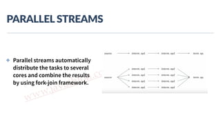 www.javathlon.com
PARALLEL  STREAMS
✤ Parallel streams automatically
distribute the tasks to several
cores and combine the results
by using fork-join framework.
 