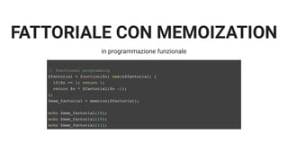 FATTORIALE CON MEMOIZATION
in programmazione funzionale
// functional programming
$factorial = function($n) use(&$factorial) {
if($n == 1) return 1;
return $n * $factorial($n -1);
};
$mem_factorial = memoize($factorial);
echo $mem_factorial(10);
echo $mem_factorial(10);
echo $mem_factorial(11);
 