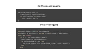il python posso leggerlo
il vb devo eseguirlo
cartelle_esattoriali = [
elabora_cartella(contribuente)
for contribuente in contribuenti
if contribuente.valido
]
Dim contribuenti(100) as Contribuente
Dim cartelle_esattoriali As New List(Of Cartella_Esattoriale)
Dim i as Integer
For i = 1 To contribuenti.Length
contribuente = contribuenti[i]
if contribuente.valido then
cartelle_esattoriali.add(elabora_cartella(contribuente))
end if
Next
 